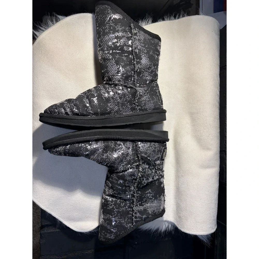 Australia Luxe Collective Boots Women 9 Black Silver Sequin Mid Calf Sheepskin